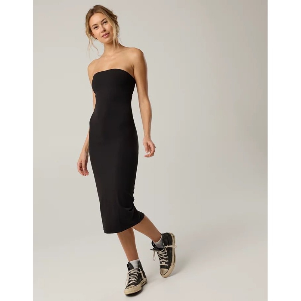 aerie Black Strapless Midi Bodycon Dress